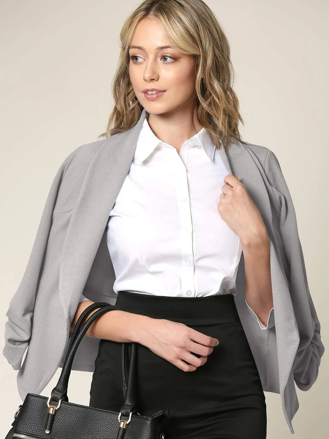 Lock and Love Women 3/4 Sleeve Blazer Open Front Cardigan Jacket Work Office Blazer