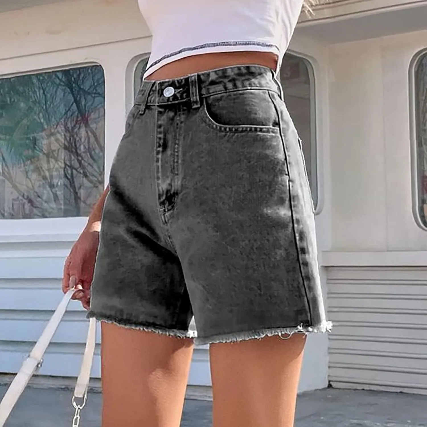 Long Denim Shorts for Women High Waist Casual Raw Hem Jean Shorts Wide Leg Straight Leg Summer Short Pants