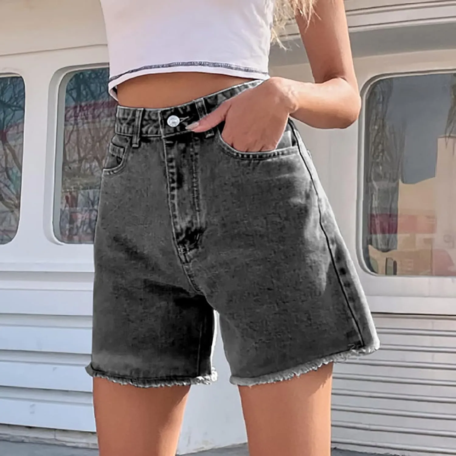 Long Denim Shorts for Women High Waist Casual Raw Hem Jean Shorts Wide Leg Straight Leg Summer Short Pants