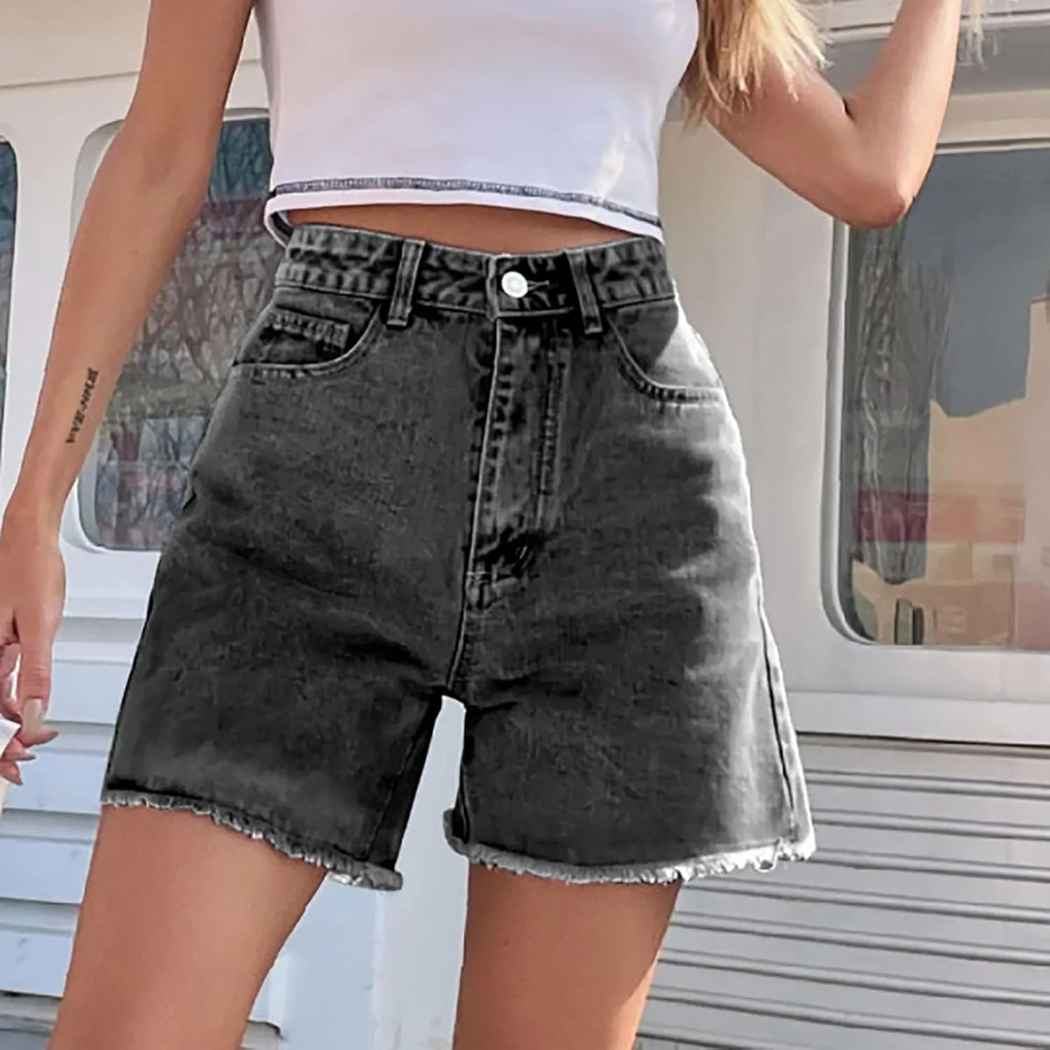 Long Denim Shorts for Women High Waist Casual Raw Hem Jean Shorts Wide Leg Straight Leg Summer Short Pants