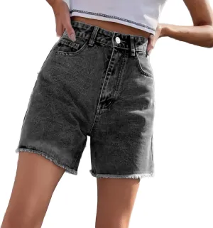Long Denim Shorts for Women High Waist Casual Raw Hem Jean Shorts Wide Leg Straight Leg Summer Short Pants