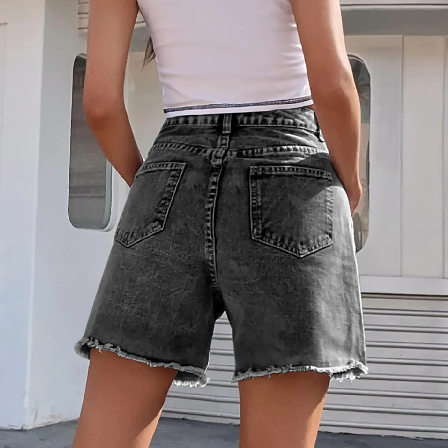 Long Denim Shorts for Women High Waist Casual Raw Hem Jean Shorts Wide Leg Straight Leg Summer Short Pants