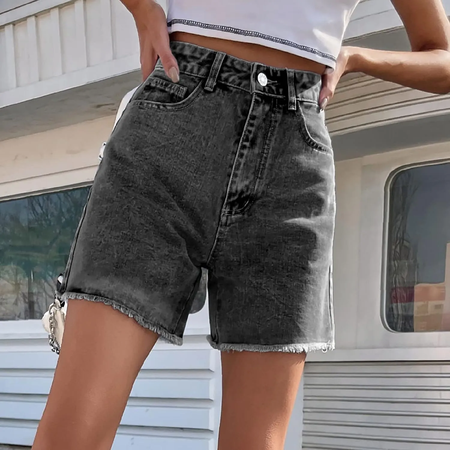 Long Denim Shorts for Women High Waist Casual Raw Hem Jean Shorts Wide Leg Straight Leg Summer Short Pants