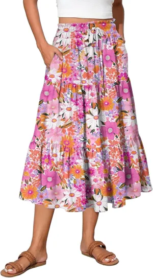 Long Floral Skirts for Women Trendy Going Out Casual Peasant Floral Travel Flowy Country Elastic Waist Beach Flutter Skirts