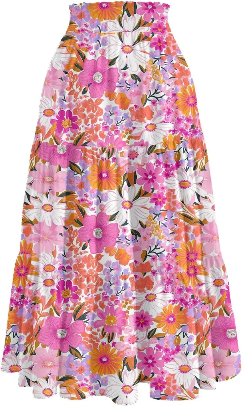 Long Floral Skirts for Women Trendy Going Out Casual Peasant Floral Travel Flowy Country Elastic Waist Beach Flutter Skirts