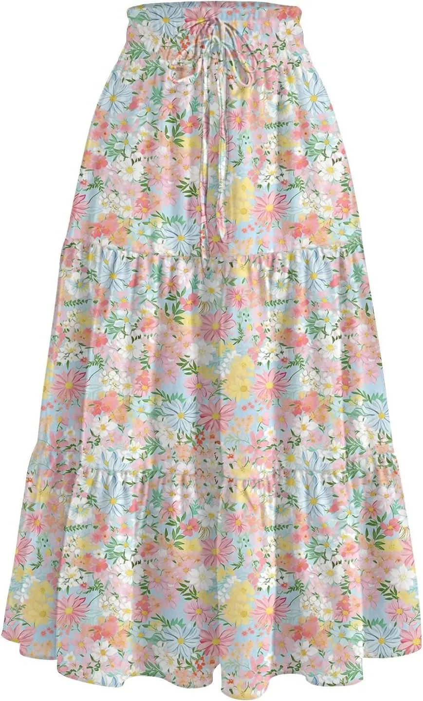 Long Floral Skirts for Women Trendy Going Out Casual Peasant Floral Travel Flowy Country Elastic Waist Beach Flutter Skirts