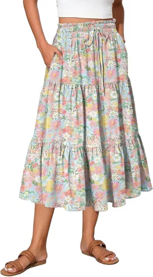 Long Floral Skirts for Women Trendy Going Out Casual Peasant Floral Travel Flowy Country Elastic Waist Beach Flutter Skirts