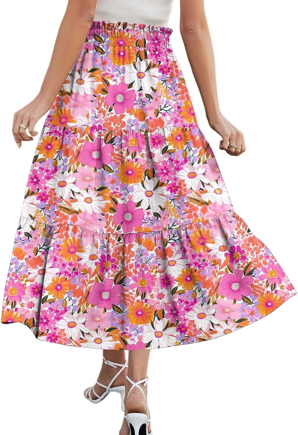 Long Floral Skirts for Women Trendy Going Out Casual Peasant Floral Travel Flowy Country Elastic Waist Beach Flutter Skirts