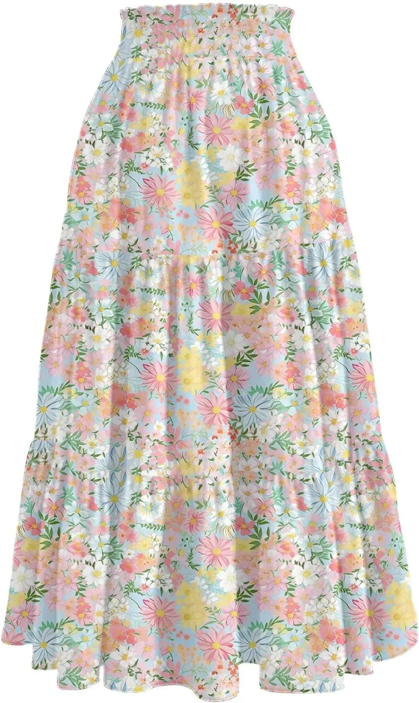 Long Floral Skirts for Women Trendy Going Out Casual Peasant Floral Travel Flowy Country Elastic Waist Beach Flutter Skirts
