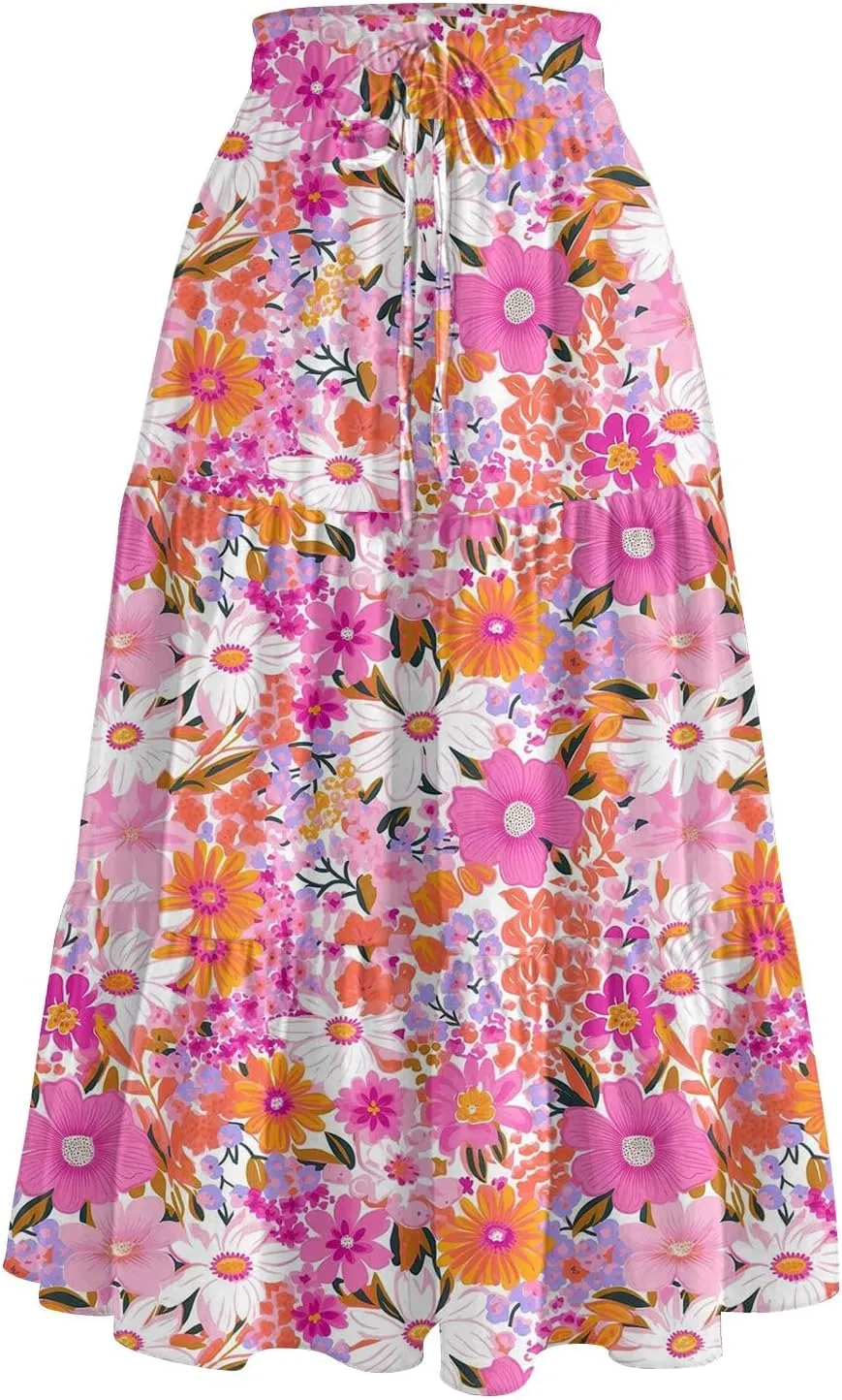 Long Floral Skirts for Women Trendy Going Out Casual Peasant Floral Travel Flowy Country Elastic Waist Beach Flutter Skirts