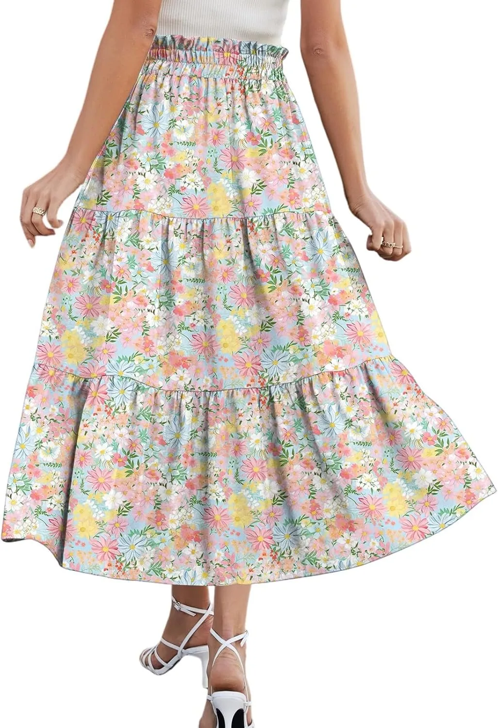 Long Floral Skirts for Women Trendy Going Out Casual Peasant Floral Travel Flowy Country Elastic Waist Beach Flutter Skirts