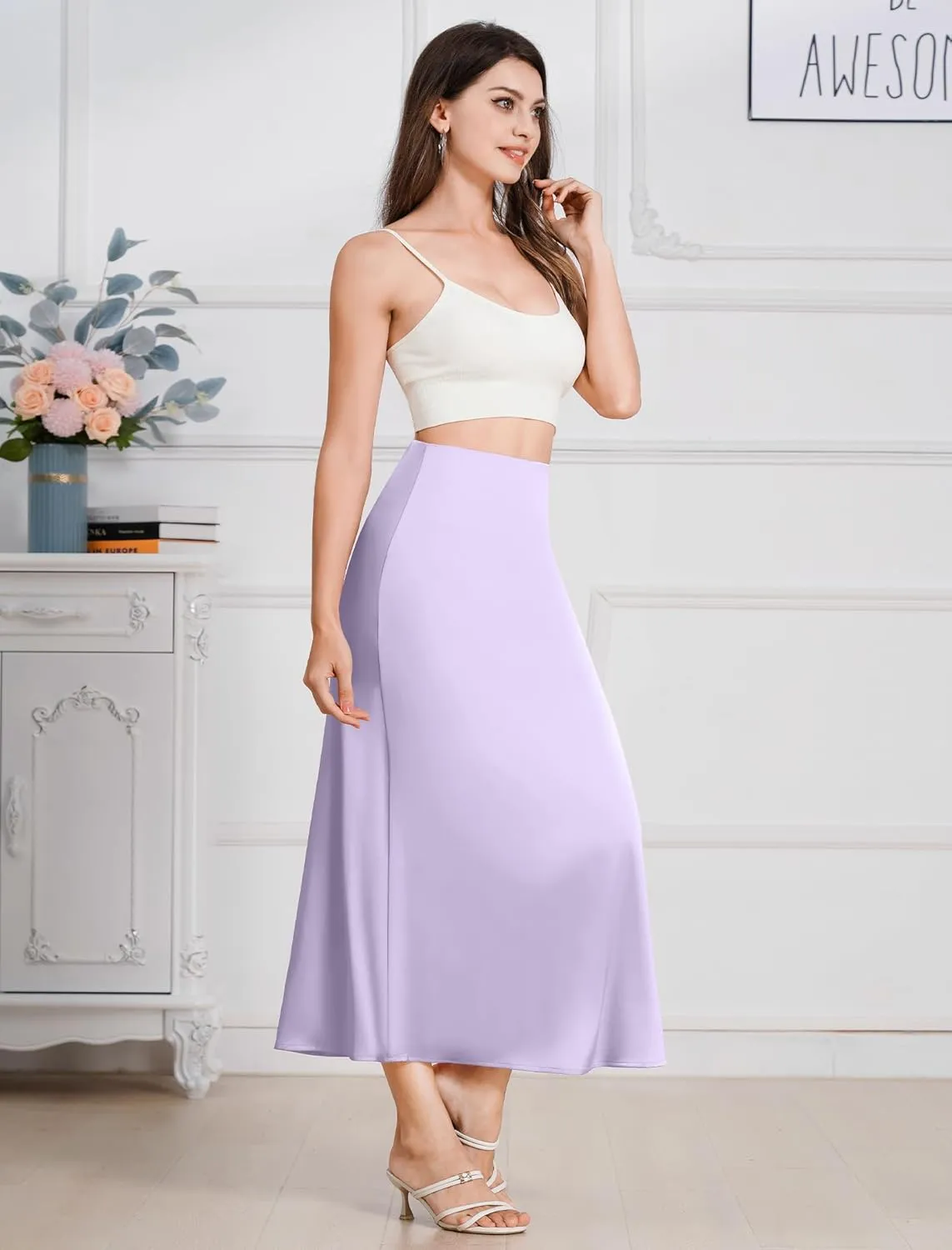Long Satin Skirts for Women Silk Skirts Silky Elastic High Waist Flared Casual A Line Midi Skirt Cocktail Party Maxi Skirts