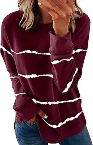 Long Sleeve Shirts for Womens, Women Casual Long Sleeve Crewneck Sweatshirt Striped Printed Loose Pullover Tops Shirts