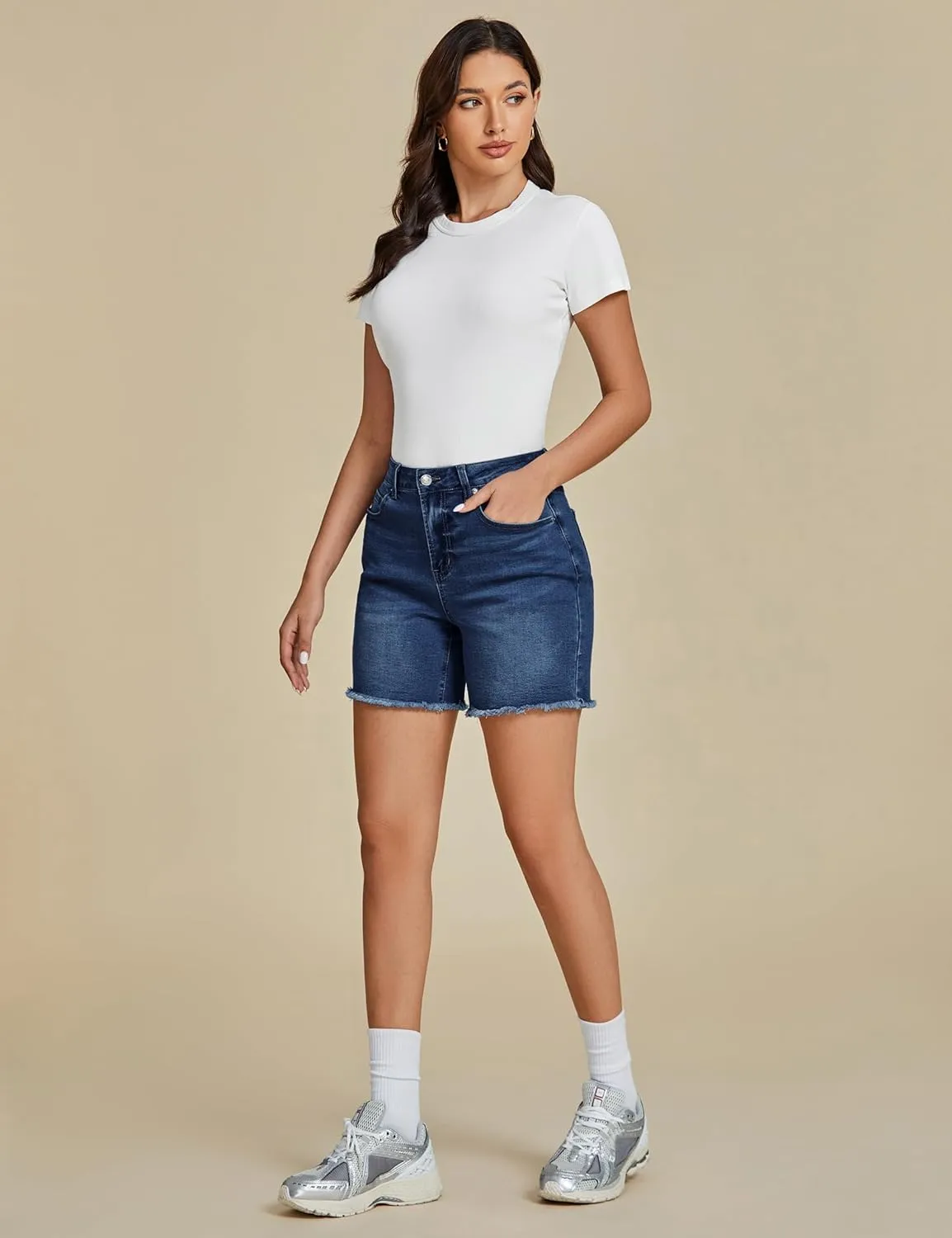 luvamia FleXclusive Jean Shorts for Women Trendy High Waisted Stretchy Denim Summer Raw Hem Mom Long Shorts Cutoff Jorts