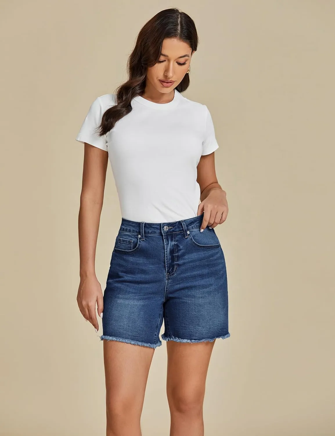 luvamia FleXclusive Jean Shorts for Women Trendy High Waisted Stretchy Denim Summer Raw Hem Mom Long Shorts Cutoff Jorts