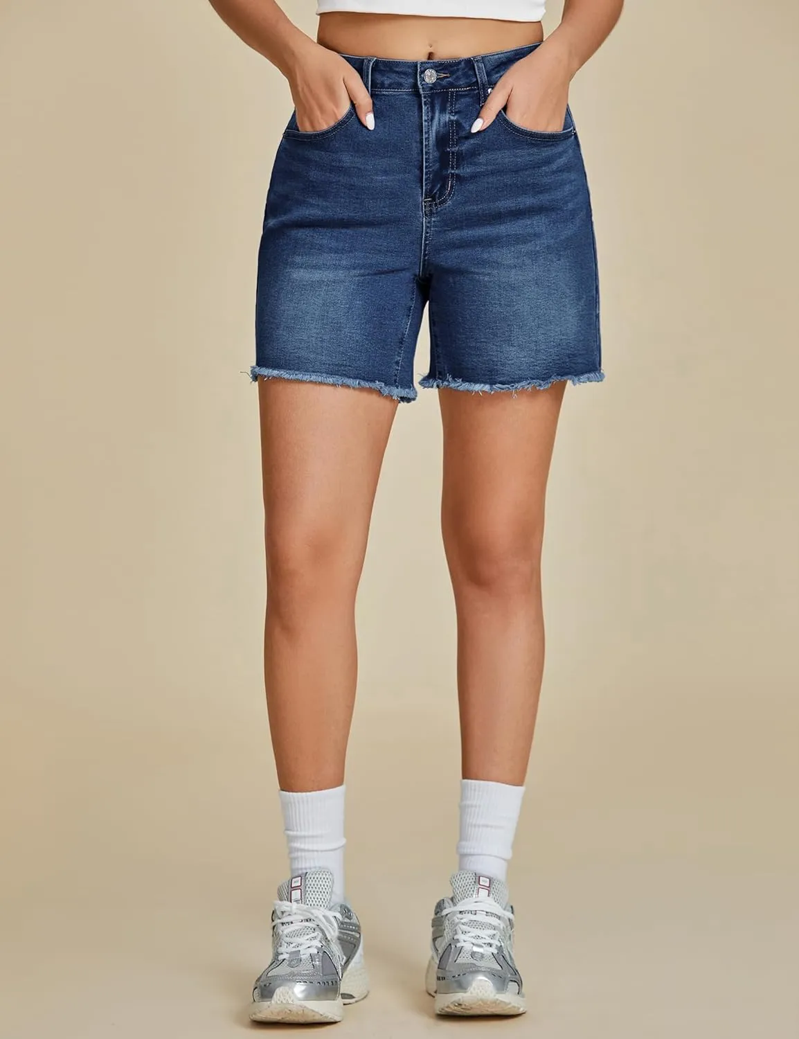 luvamia FleXclusive Jean Shorts for Women Trendy High Waisted Stretchy Denim Summer Raw Hem Mom Long Shorts Cutoff Jorts