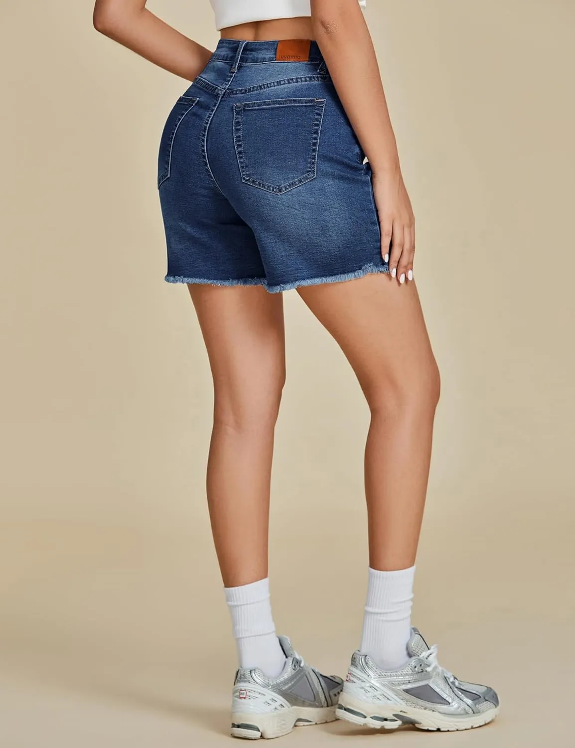 luvamia FleXclusive Jean Shorts for Women Trendy High Waisted Stretchy Denim Summer Raw Hem Mom Long Shorts Cutoff Jorts