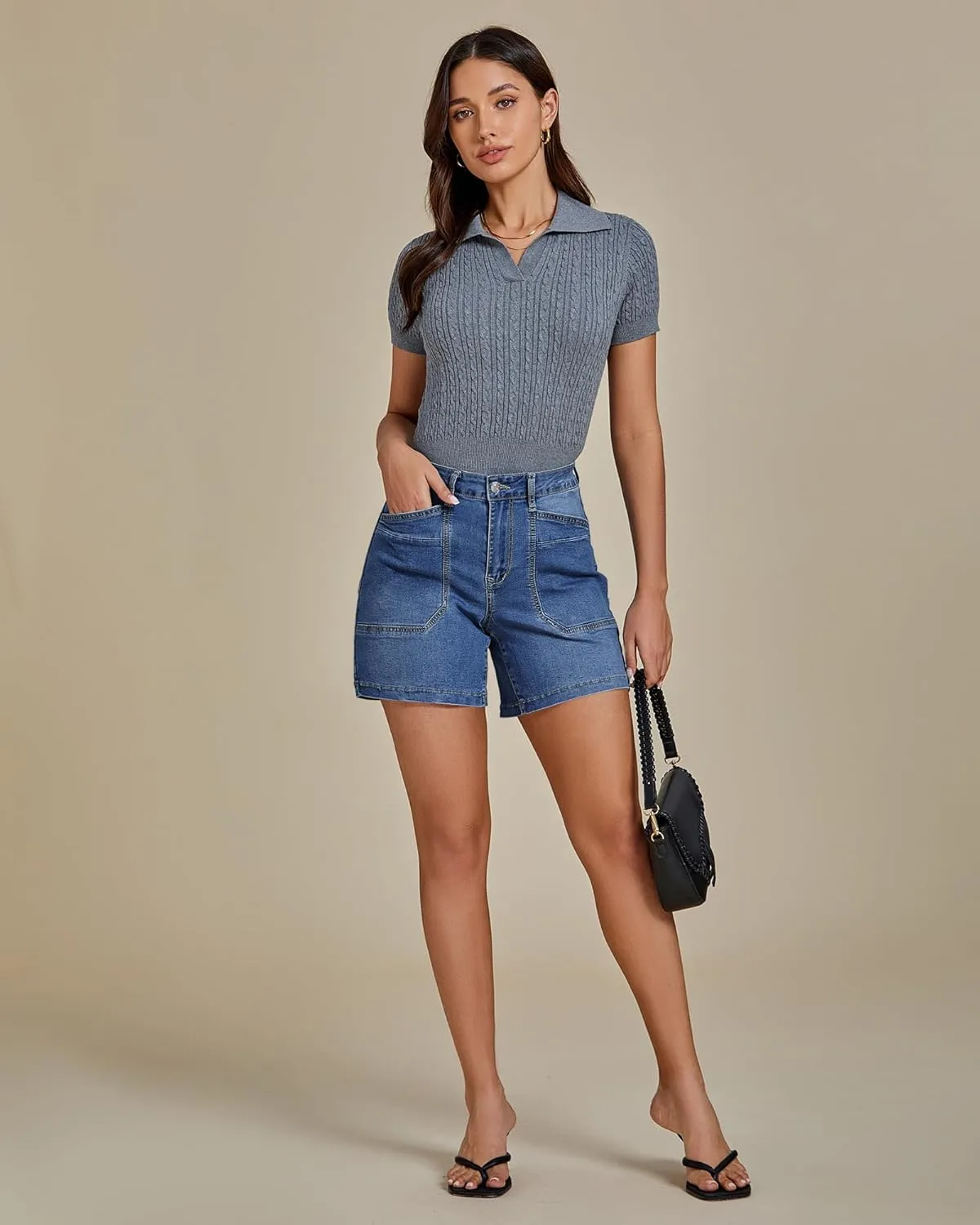 luvamia Jean Shorts for Women Trendy Mid Rise Casual Summer Jorts Distressed Cut Off Stretchy Denim Shorts with Pockets