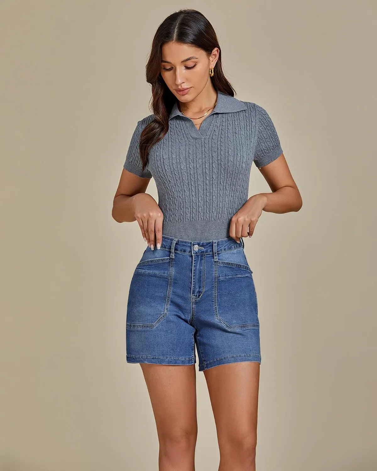 luvamia Jean Shorts for Women Trendy Mid Rise Casual Summer Jorts Distressed Cut Off Stretchy Denim Shorts with Pockets