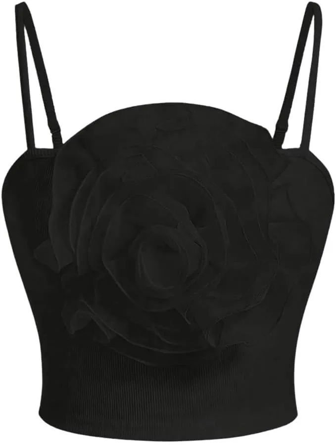 MakeMeChic Women's 3D Floral Applique Sleeveless Spaghetti Strap Cami Crop Top Camisole