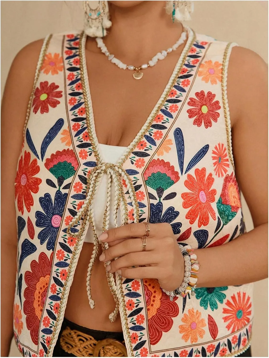MakeMeChic Women's Floral V Neck Tank Top Sleeveless Tie Front Boho Vest