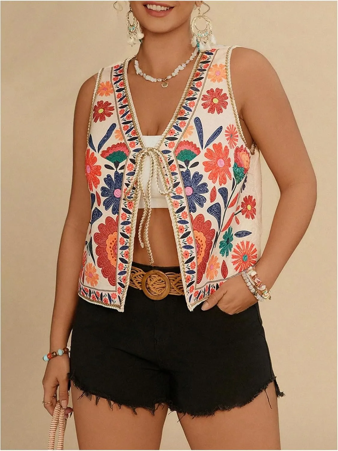 MakeMeChic Women's Floral V Neck Tank Top Sleeveless Tie Front Boho Vest