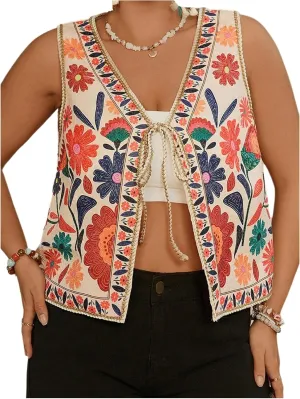 MakeMeChic Women's Floral V Neck Tank Top Sleeveless Tie Front Boho Vest