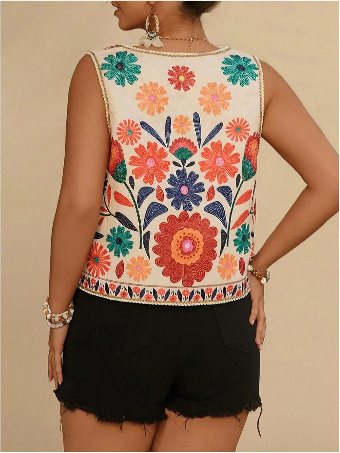 MakeMeChic Women's Floral V Neck Tank Top Sleeveless Tie Front Boho Vest