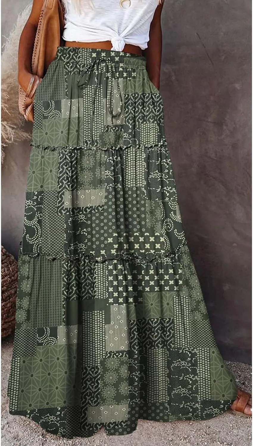 Maxi Boho Skirts for Women Flowy Floral High Waisted Tiered Long Skirts Ladies Casual Bohemian Summer Clothes 2025