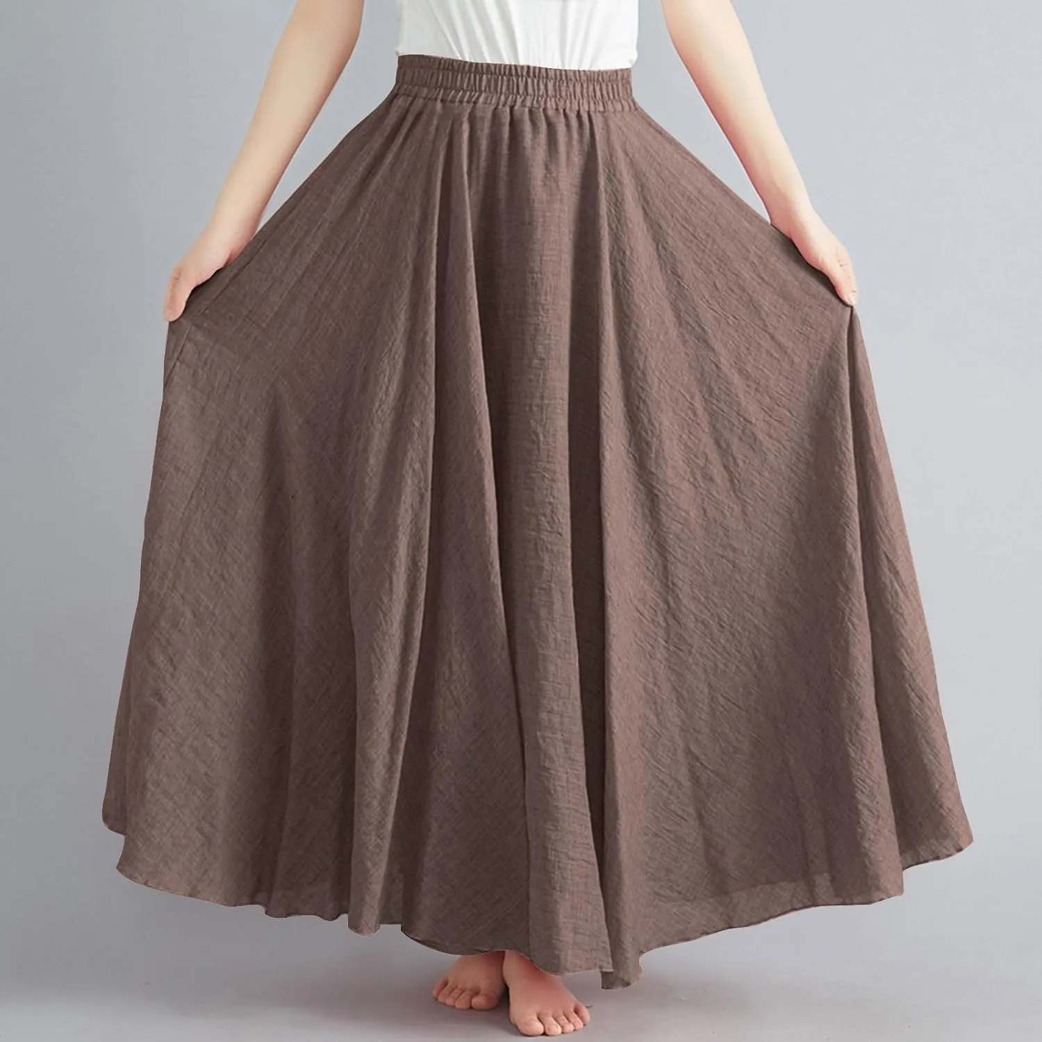 Maxi Skirts for Women 2024 Fashion Solid Ruffle Linen Skirt Summer Stretchy High Waist A-Line Skirt Casual Long Skirt