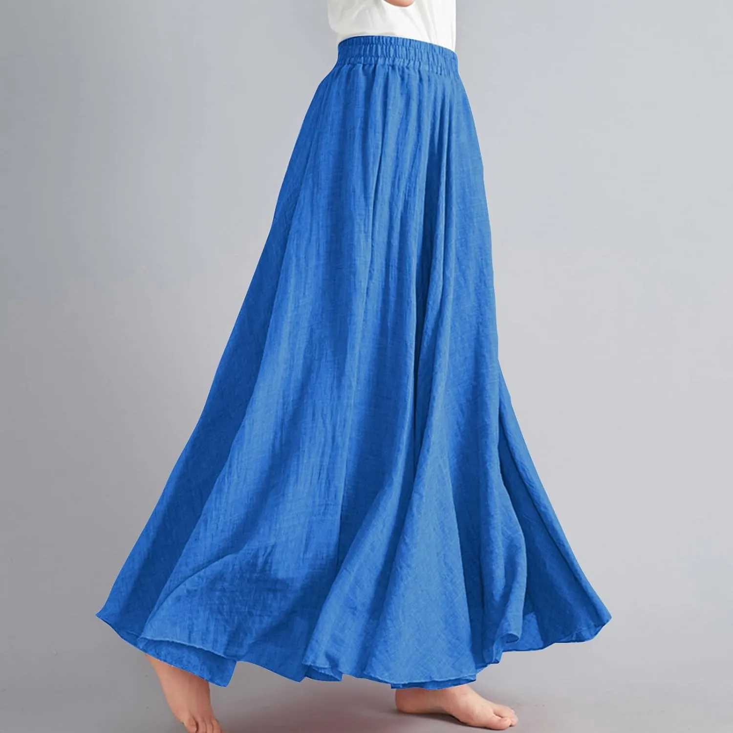 Maxi Skirts for Women 2024 Fashion Solid Ruffle Linen Skirt Summer Stretchy High Waist A-Line Skirt Casual Long Skirt