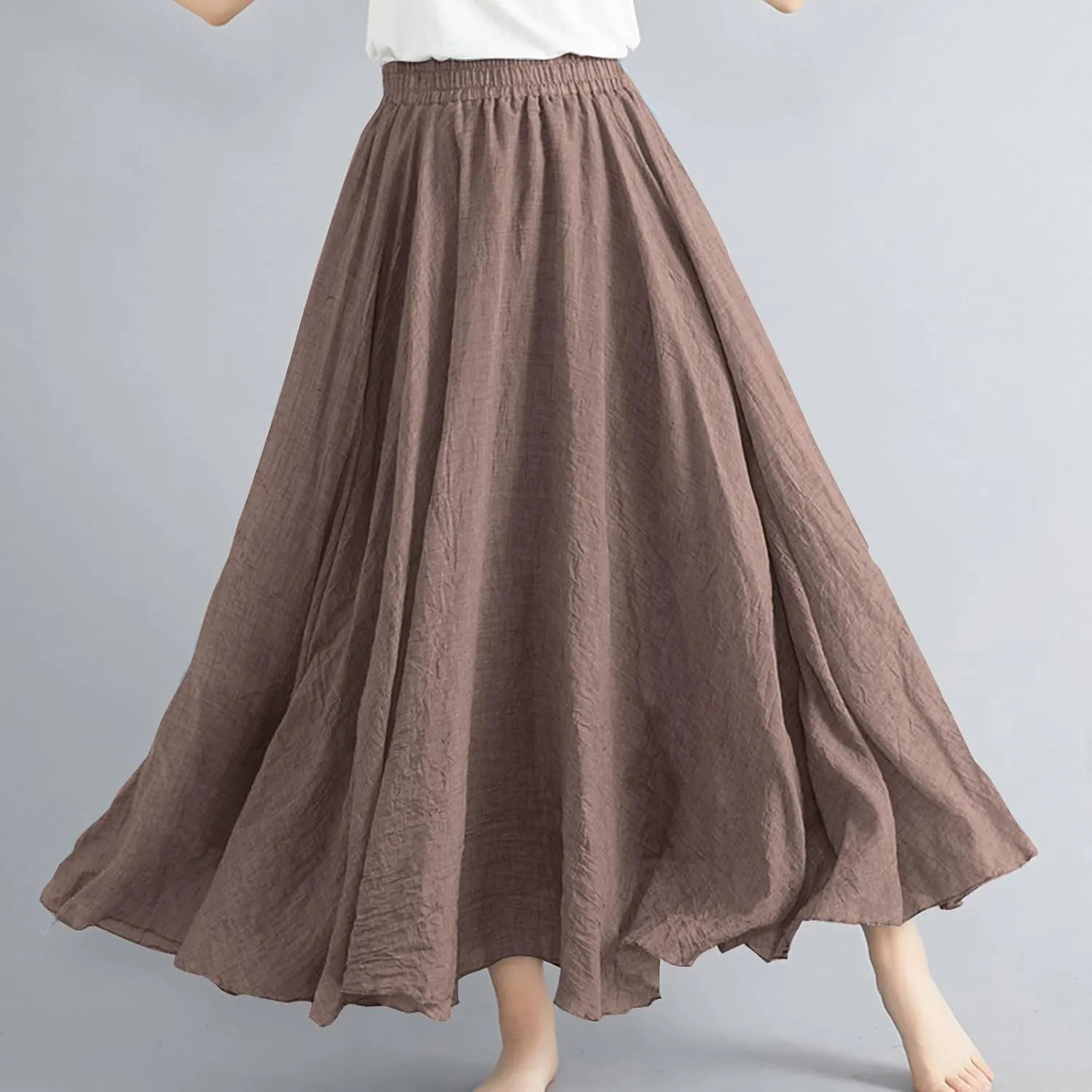 Maxi Skirts for Women 2024 Fashion Solid Ruffle Linen Skirt Summer Stretchy High Waist A-Line Skirt Casual Long Skirt