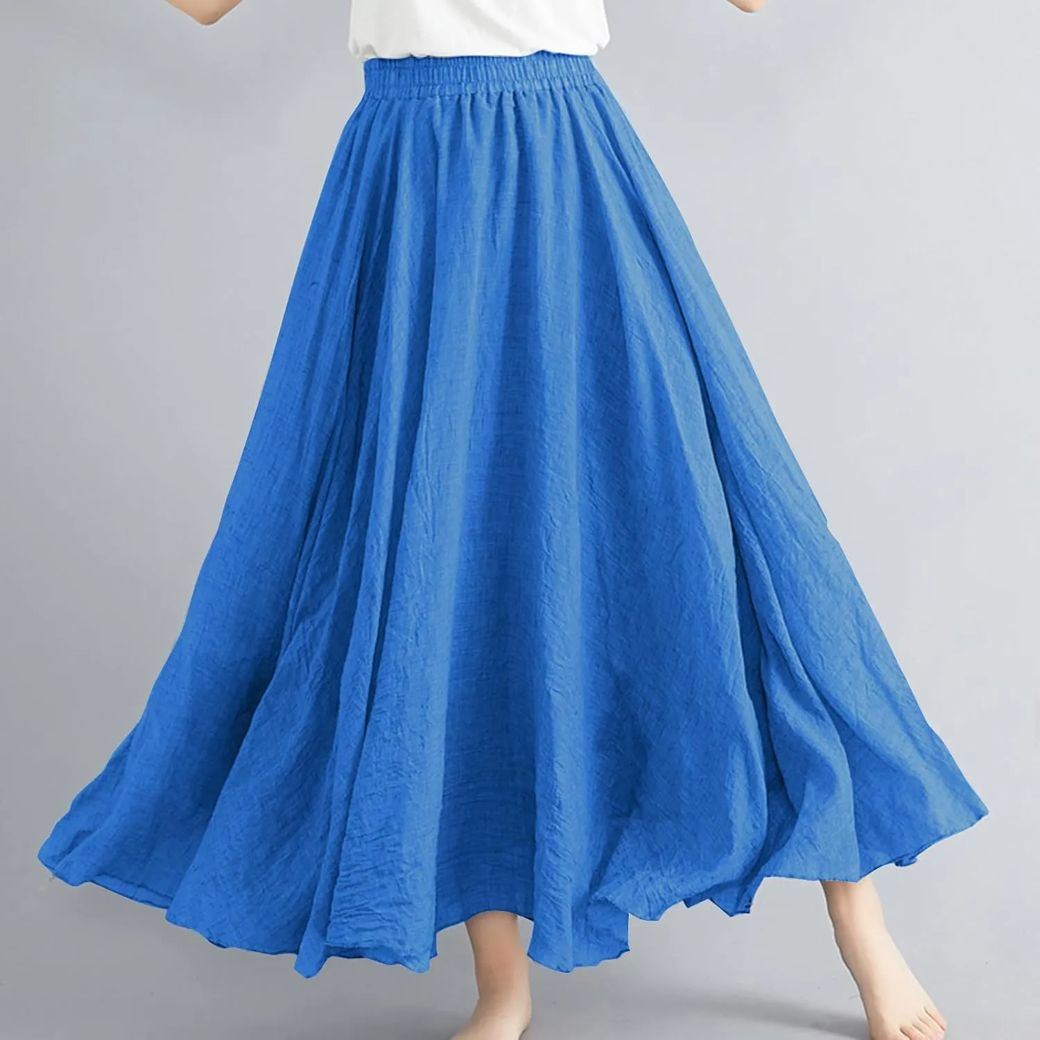 Maxi Skirts for Women 2024 Fashion Solid Ruffle Linen Skirt Summer Stretchy High Waist A-Line Skirt Casual Long Skirt