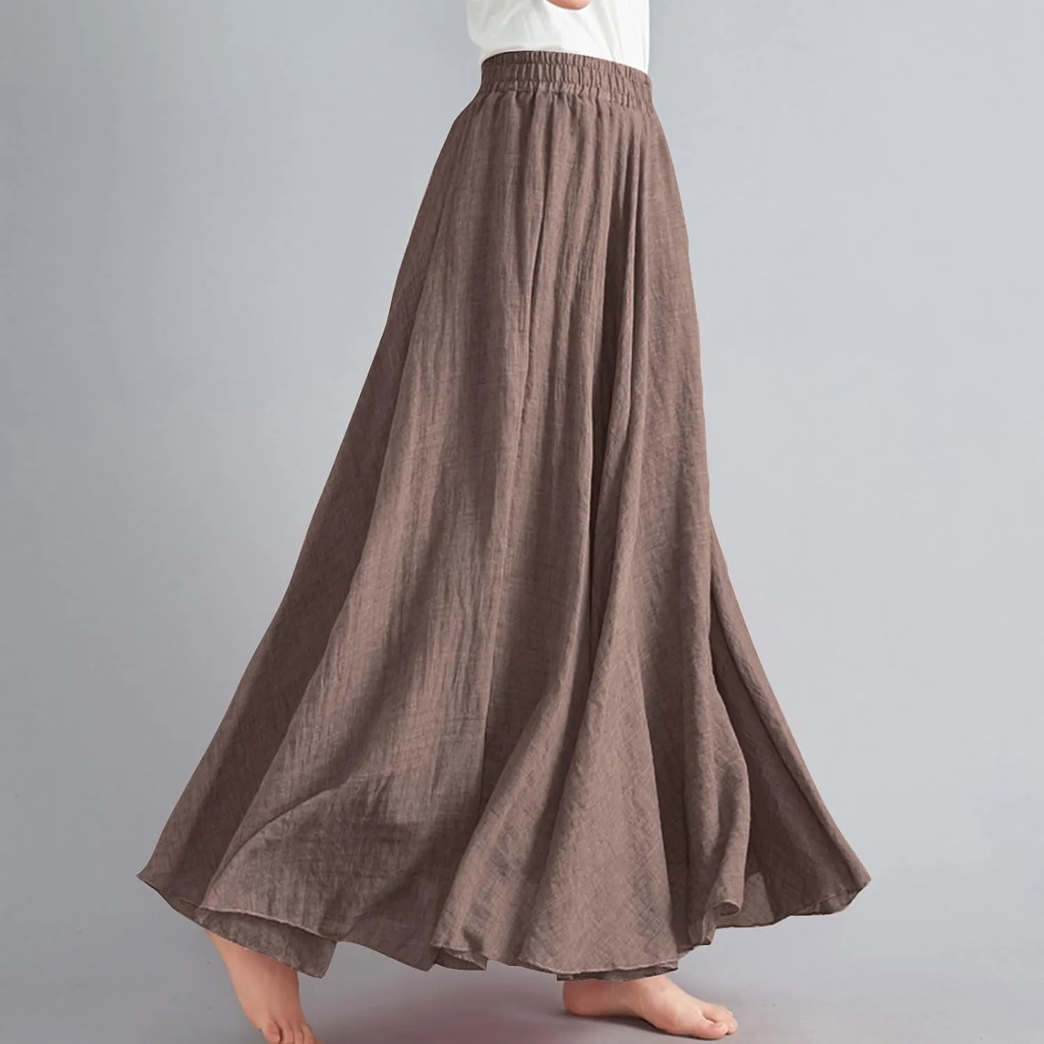Maxi Skirts for Women 2024 Fashion Solid Ruffle Linen Skirt Summer Stretchy High Waist A-Line Skirt Casual Long Skirt