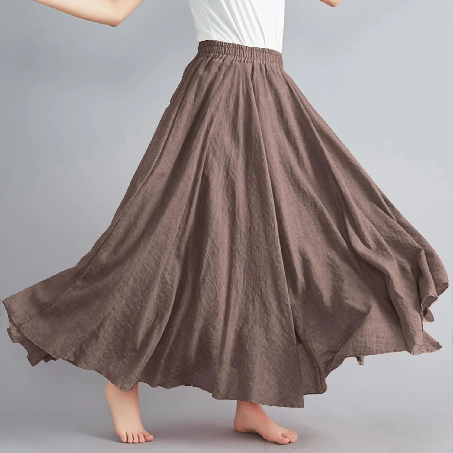 Maxi Skirts for Women 2024 Fashion Solid Ruffle Linen Skirt Summer Stretchy High Waist A-Line Skirt Casual Long Skirt