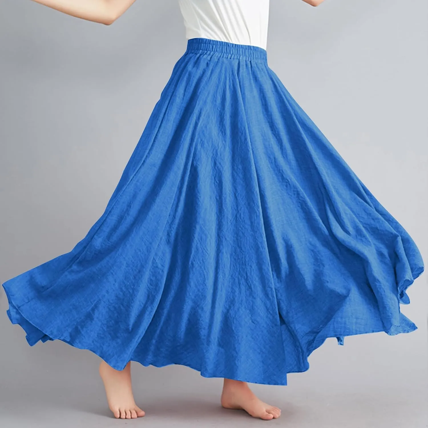 Maxi Skirts for Women 2024 Fashion Solid Ruffle Linen Skirt Summer Stretchy High Waist A-Line Skirt Casual Long Skirt