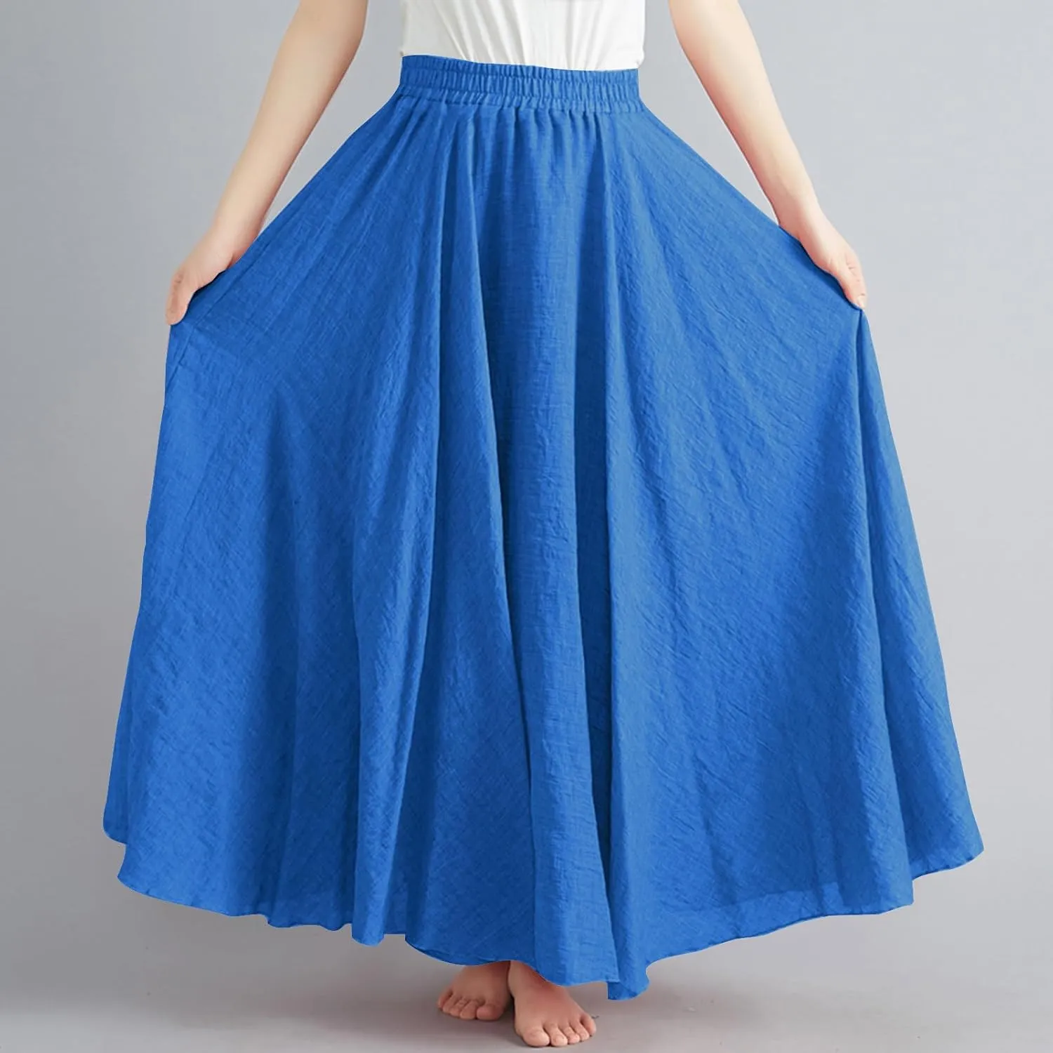 Maxi Skirts for Women 2024 Fashion Solid Ruffle Linen Skirt Summer Stretchy High Waist A-Line Skirt Casual Long Skirt
