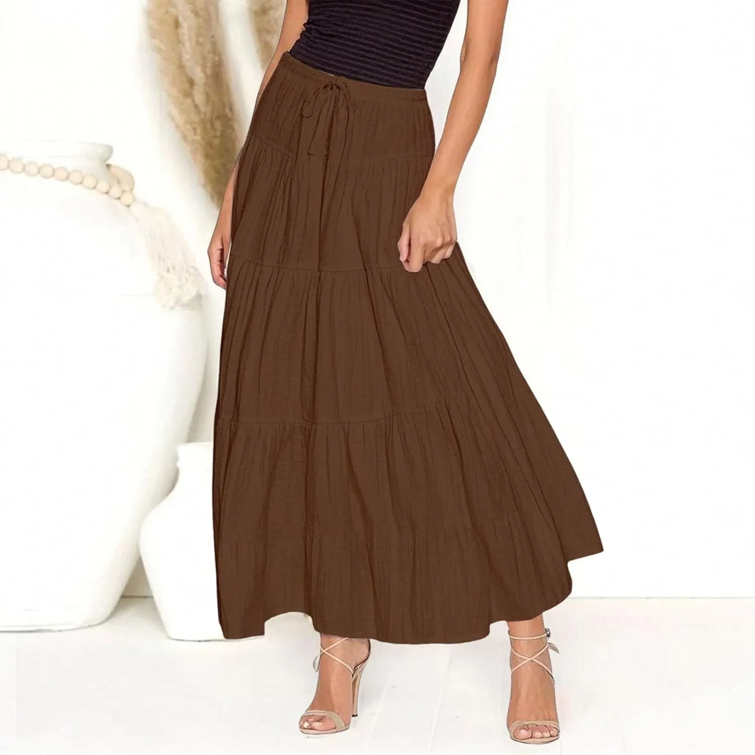 Maxi Skirts for Women 2025 Fashion Boho Long Skirt Summer Beach Swing Ruffle Tiered A-Line Pleated Elastic Waist