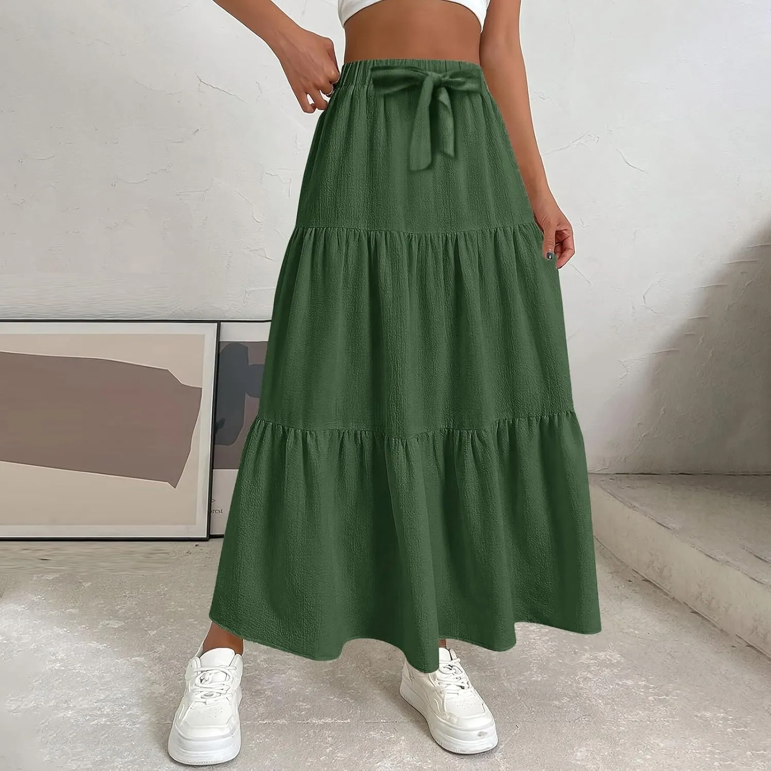 Maxi Skirts for Women 2025 Fashion Boho Long Skirt Summer Beach Swing Ruffle Tiered A-Line Pleated Elastic Waist