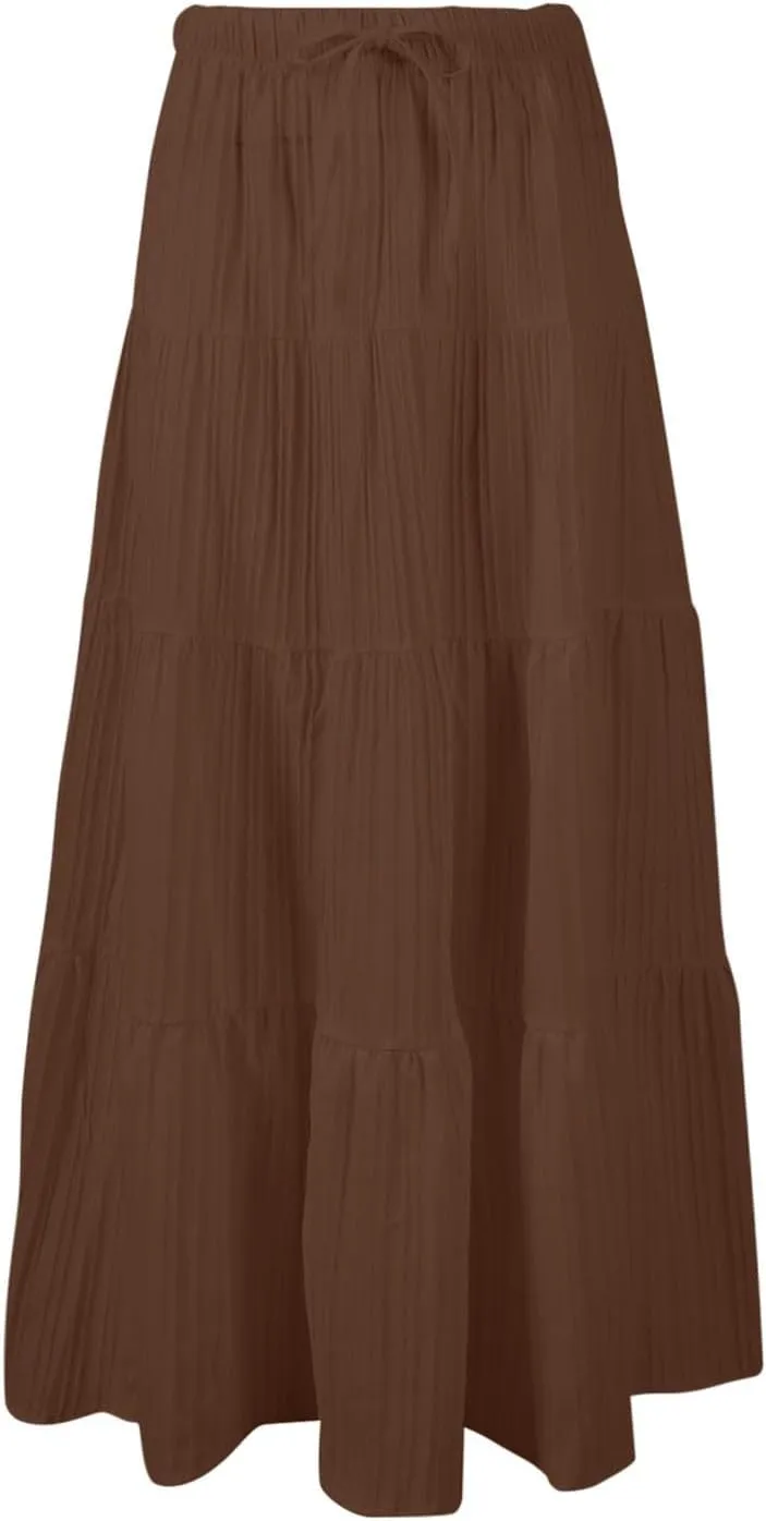 Maxi Skirts for Women 2025 Fashion Boho Long Skirt Summer Beach Swing Ruffle Tiered A-Line Pleated Elastic Waist