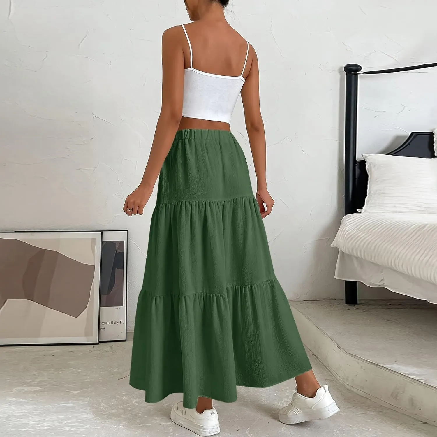 Maxi Skirts for Women 2025 Fashion Boho Long Skirt Summer Beach Swing Ruffle Tiered A-Line Pleated Elastic Waist
