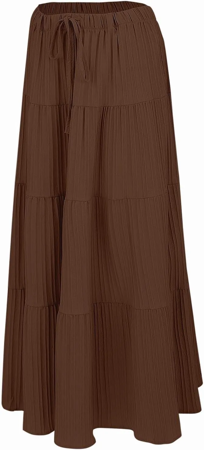 Maxi Skirts for Women 2025 Fashion Boho Long Skirt Summer Beach Swing Ruffle Tiered A-Line Pleated Elastic Waist