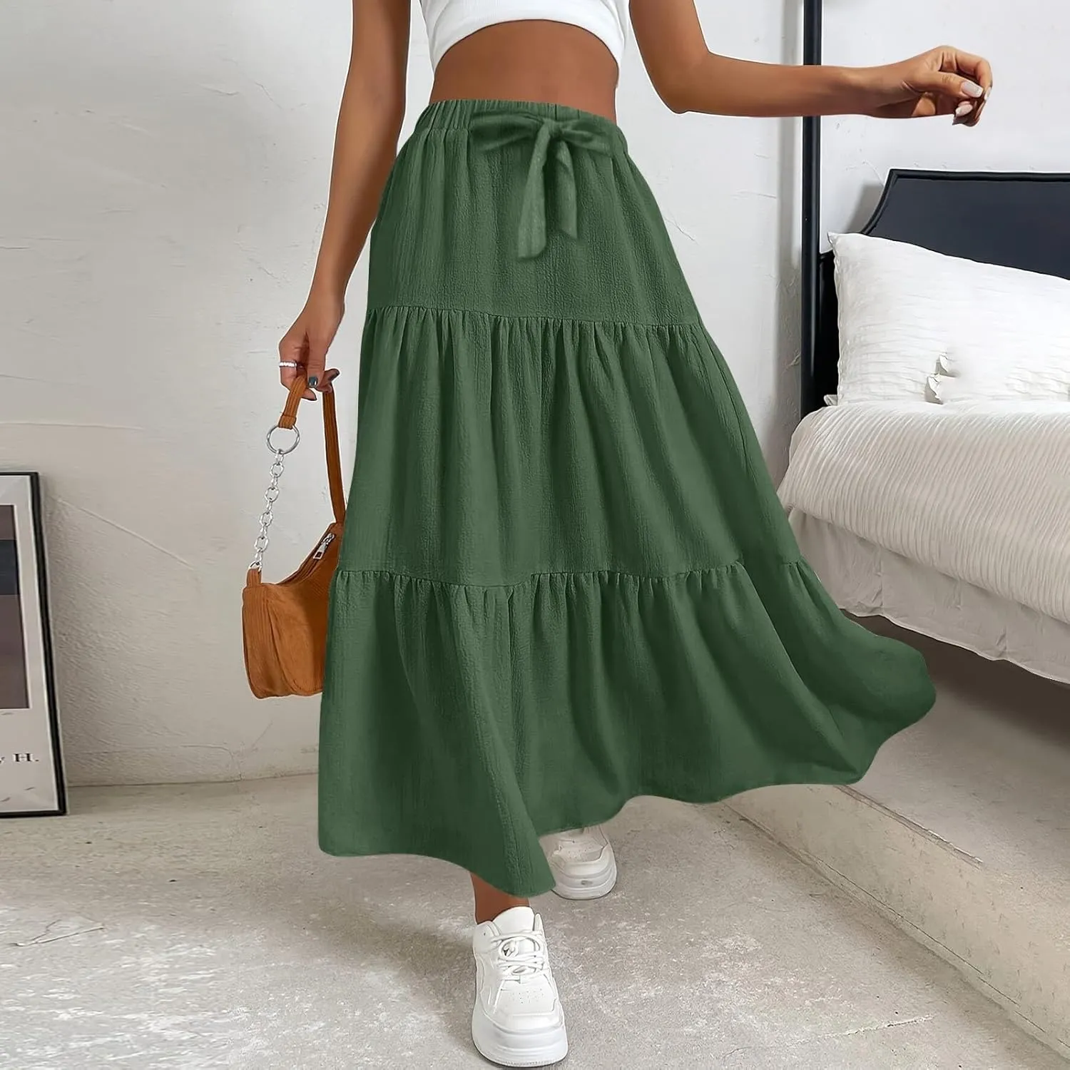 Maxi Skirts for Women 2025 Fashion Boho Long Skirt Summer Beach Swing Ruffle Tiered A-Line Pleated Elastic Waist