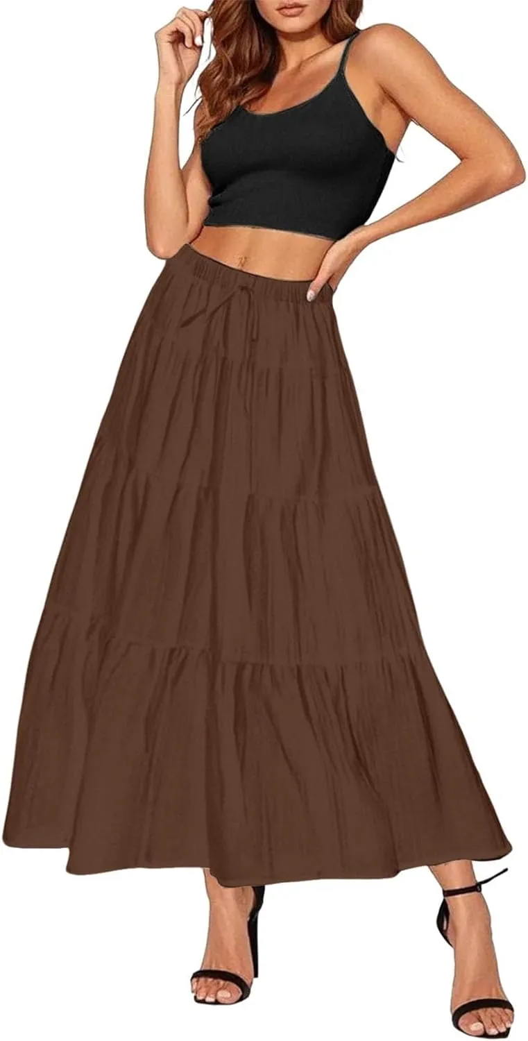 Maxi Skirts for Women 2025 Fashion Boho Long Skirt Summer Beach Swing Ruffle Tiered A-Line Pleated Elastic Waist