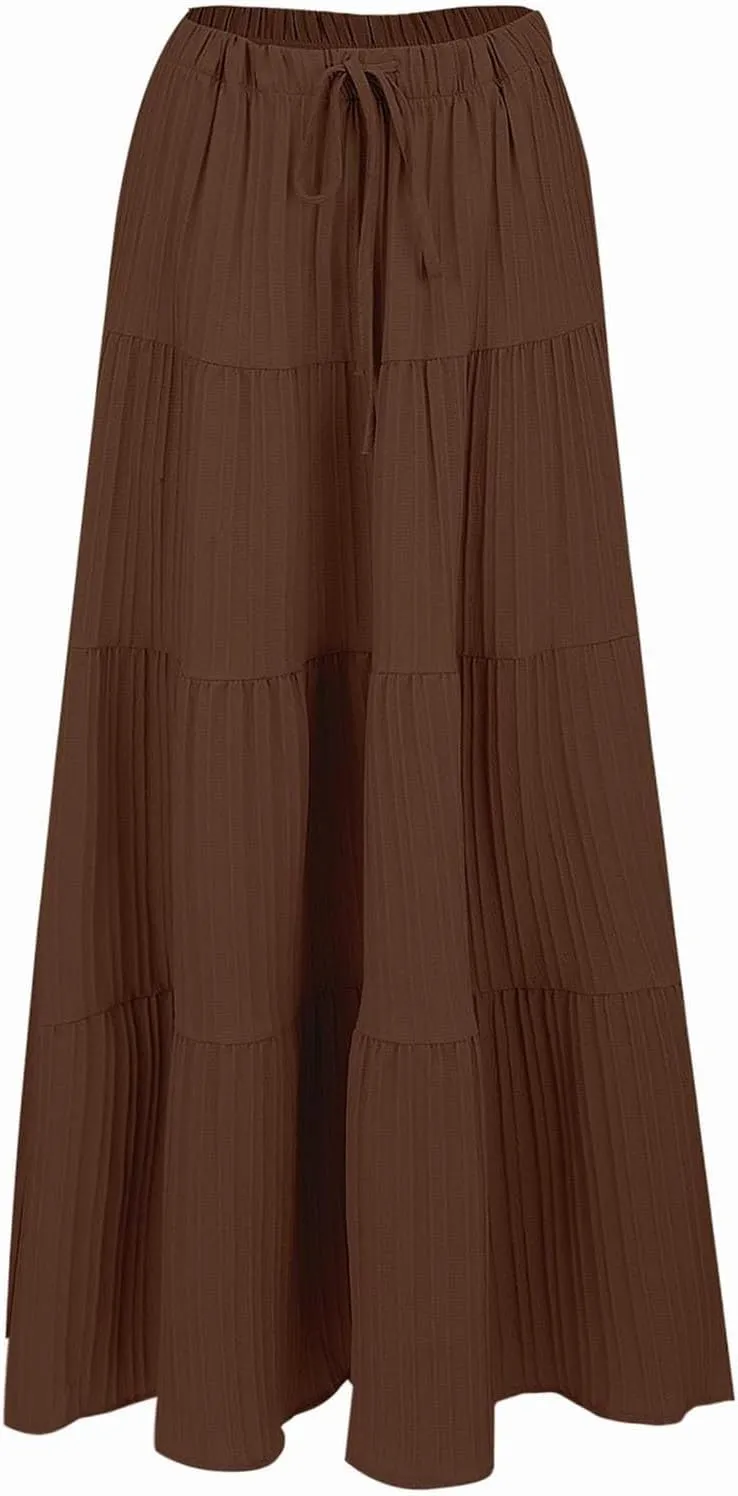 Maxi Skirts for Women 2025 Fashion Boho Long Skirt Summer Beach Swing Ruffle Tiered A-Line Pleated Elastic Waist