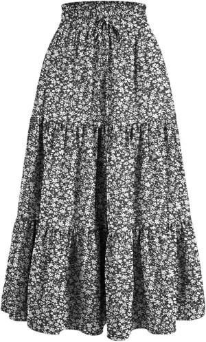 Maxi Skirts for Women 2025 Summer Bohemian High Waisted Long Skirts Flowy Beach Boho Floral Tiered Midi Skirt