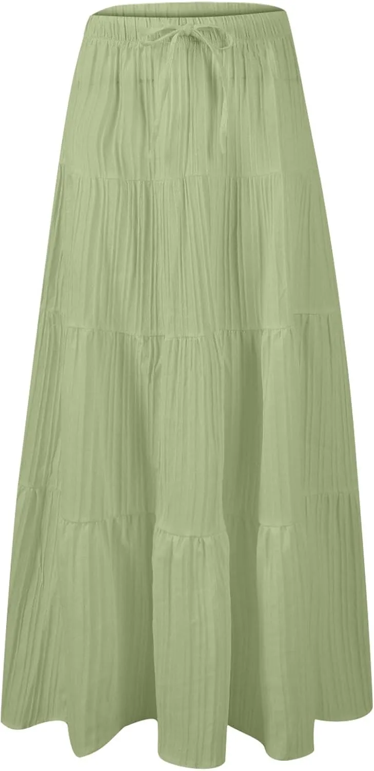 Maxi Skirts for Women Beach Boho Tiered Flowy Swing Midi Skirt Elastic Drawstring Waist Layered Pleated Long Skirt