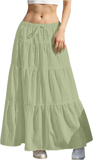 Maxi Skirts for Women Beach Boho Tiered Flowy Swing Midi Skirt Elastic Drawstring Waist Layered Pleated Long Skirt