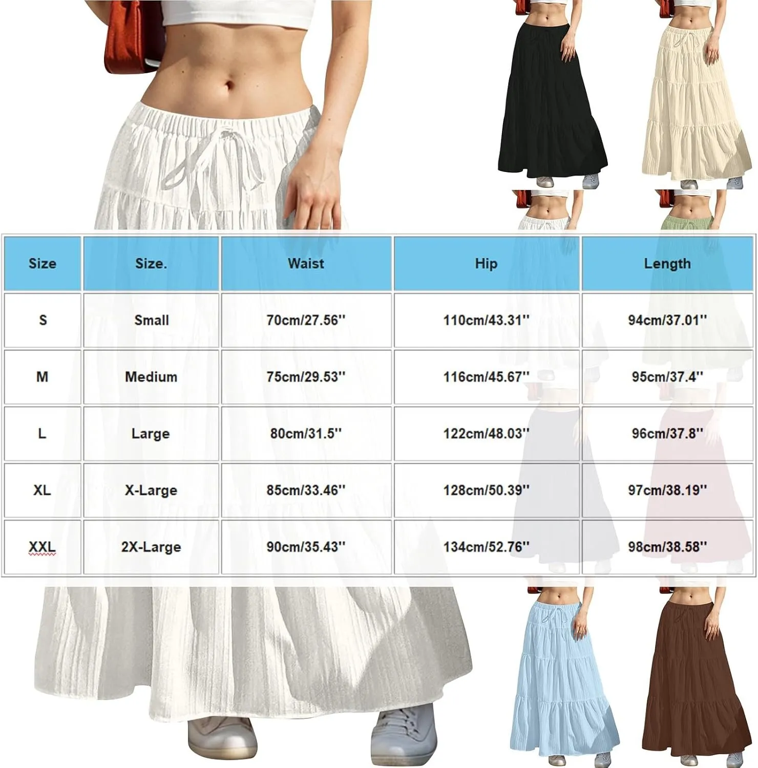 Maxi Skirts for Women Beach Boho Tiered Flowy Swing Midi Skirt Elastic Drawstring Waist Layered Pleated Long Skirt