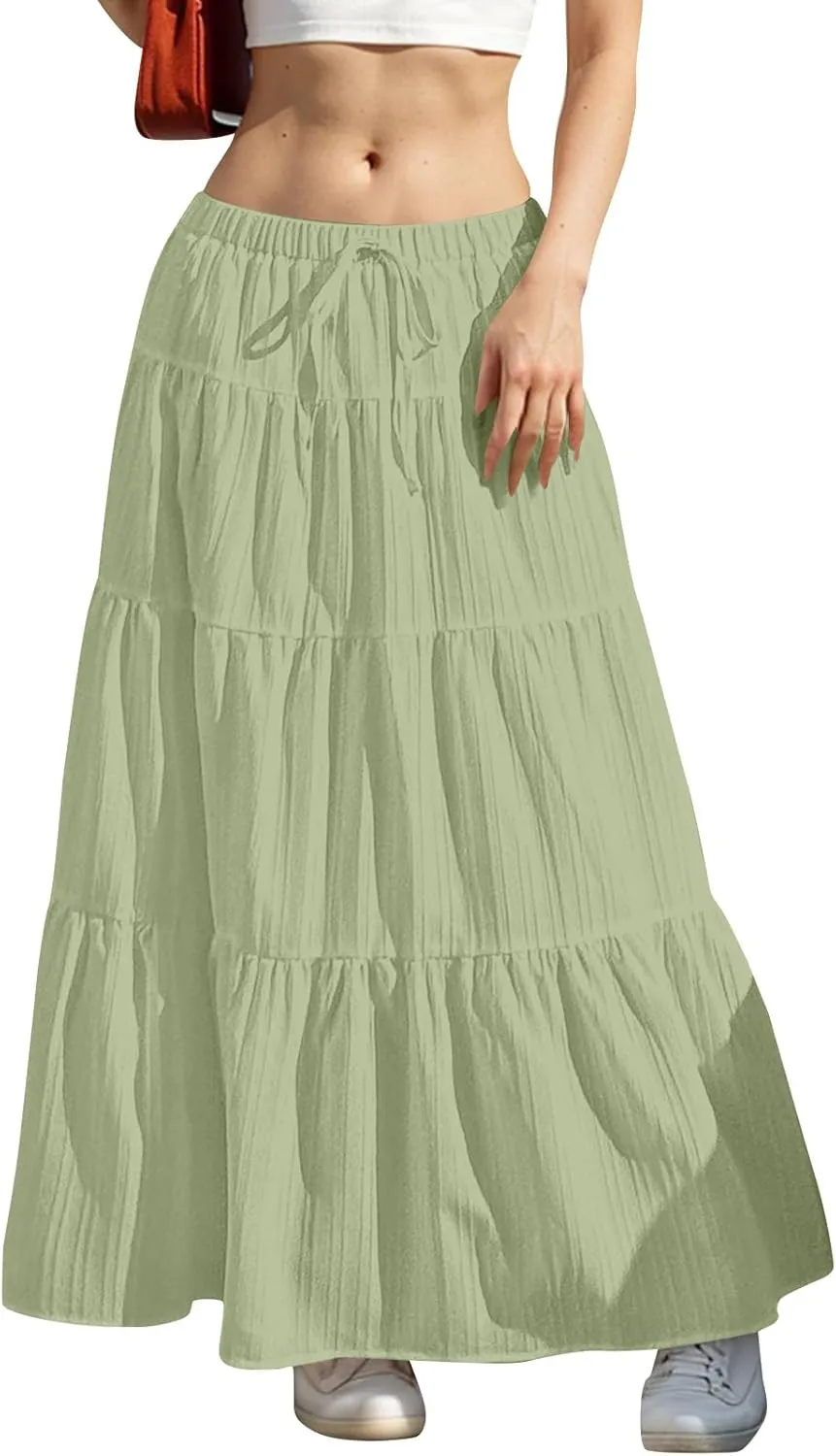 Maxi Skirts for Women Beach Boho Tiered Flowy Swing Midi Skirt Elastic Drawstring Waist Layered Pleated Long Skirt